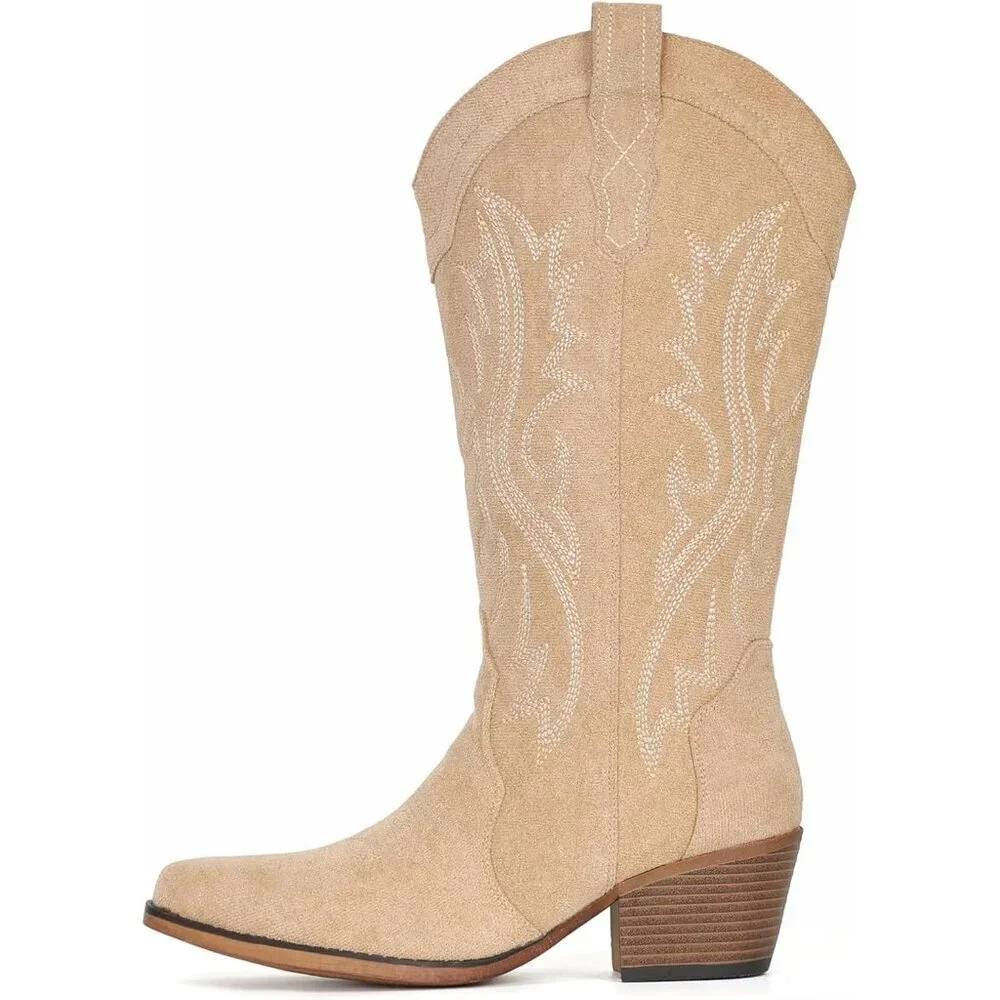 Women's Apricot Western Cowgirl Chunky Heel Mid Calf Snip Toe Insteps Boots